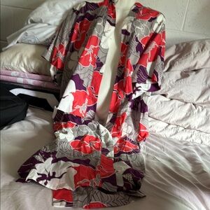 Floral Kimono Robe in Red, Purple, and Gray